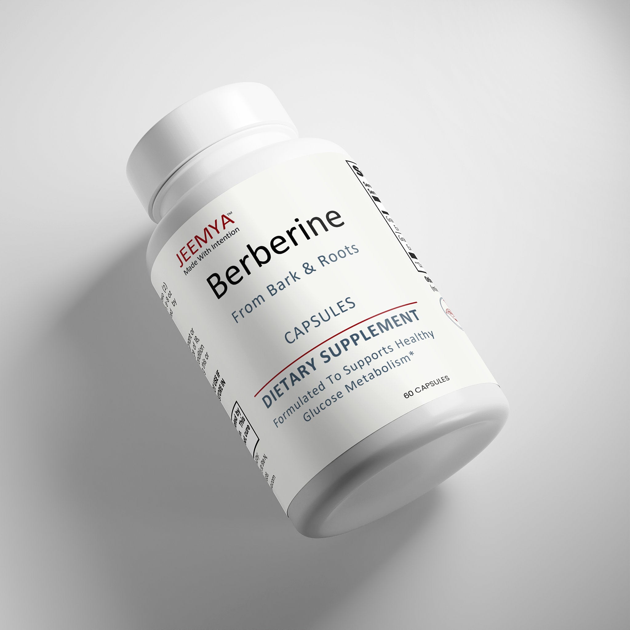Angled JEEMYA Berberine supplement bottle on a clean background highlighting a berberine dietary supplement for healthy metabolism and wellness support.
