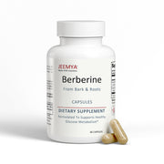 JEEMYA Berberine capsules bottle displayed with supplement capsules beside it, featuring a berberine formula designed for metabolism and blood sugar support.