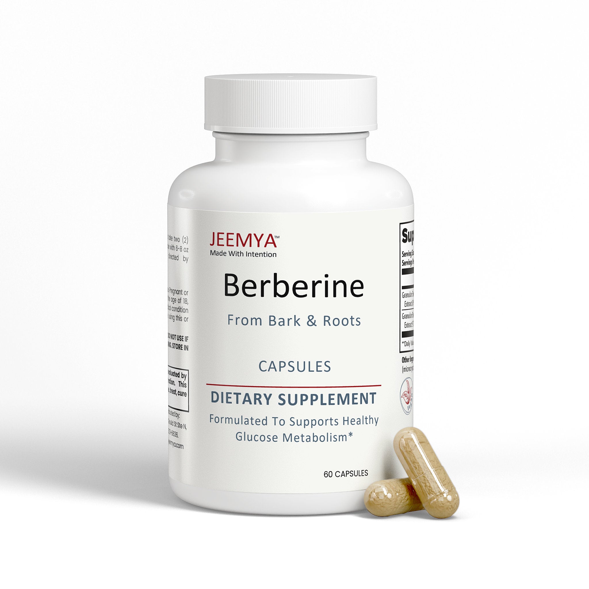 JEEMYA Berberine capsules bottle displayed with supplement capsules beside it, featuring a berberine formula designed for metabolism and blood sugar support.