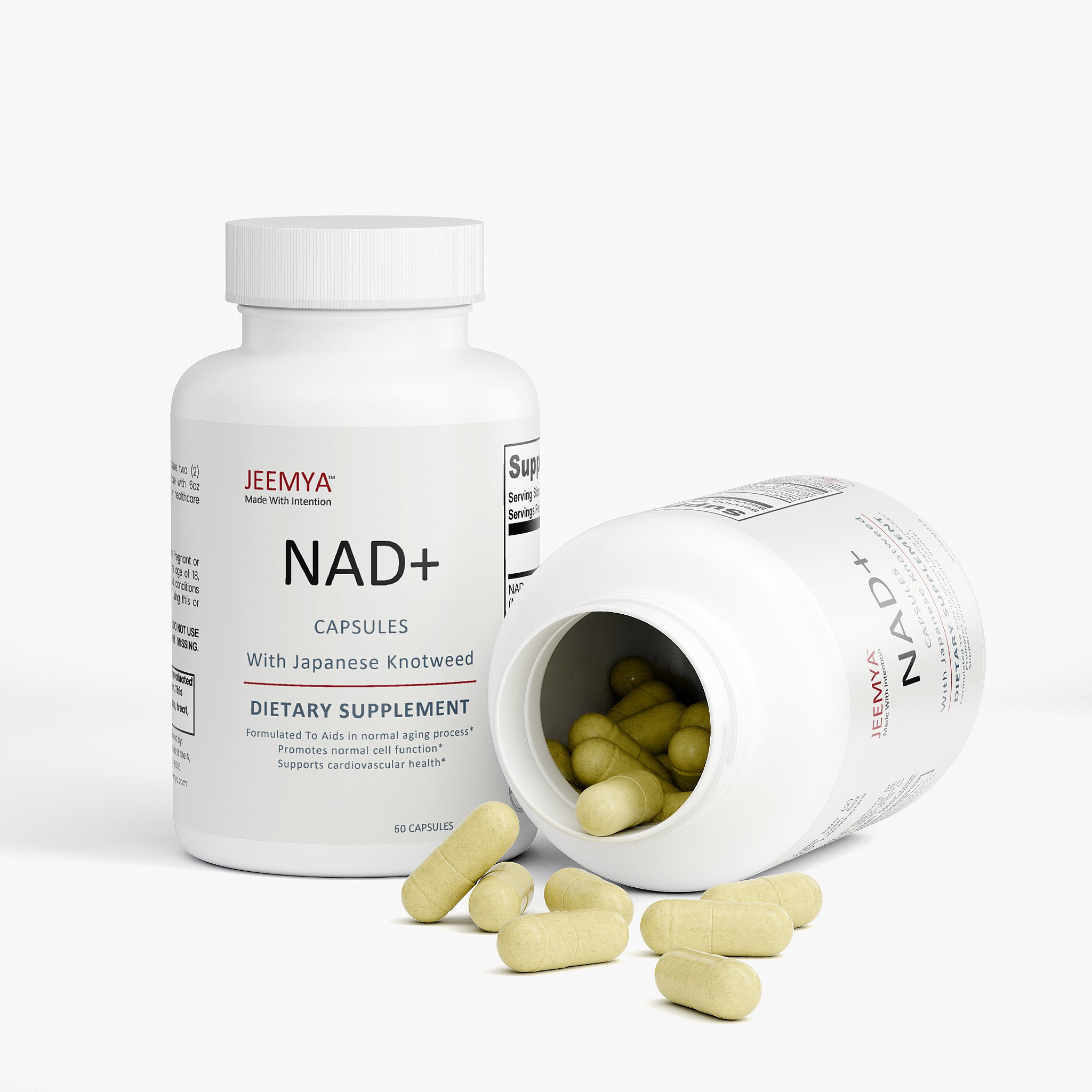 Open JEEMYA NAD+ supplement bottle with capsules spilled out, displaying NAD+ dietary supplements designed to support metabolism, energy levels, and healthy aging.
