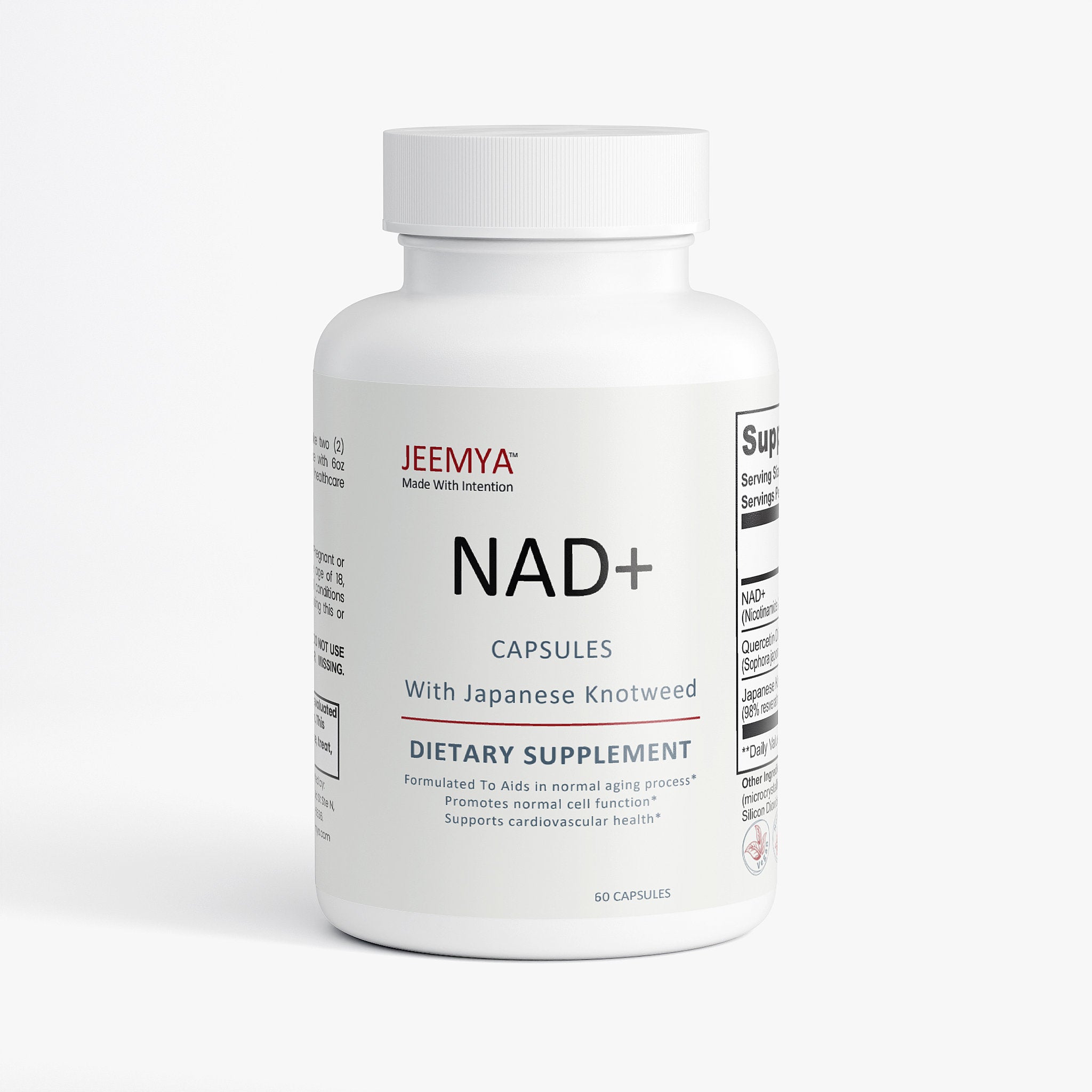 White JEEMYA NAD+ supplement bottle with Japanese Knotweed extract, featuring NAD+ capsules formulated to support cellular energy, healthy aging, and cognitive wellness.