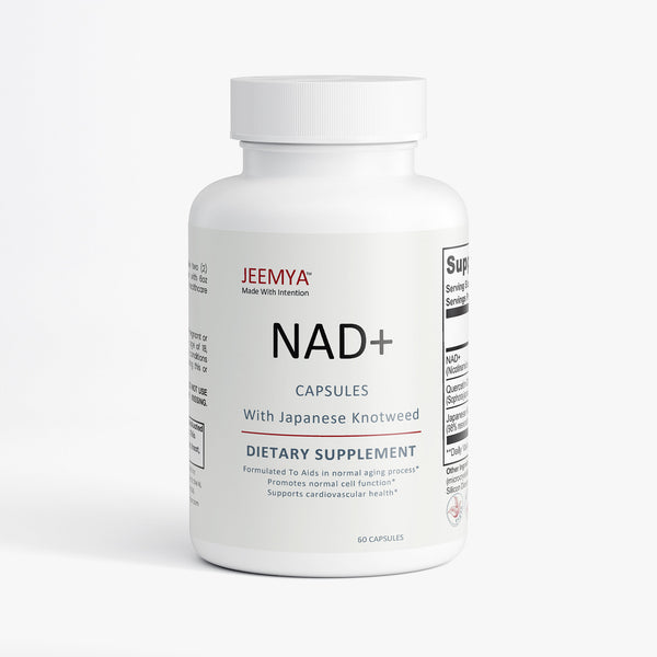 White JEEMYA NAD+ supplement bottle with Japanese Knotweed extract, featuring NAD+ capsules formulated to support cellular energy, healthy aging, and cognitive wellness.