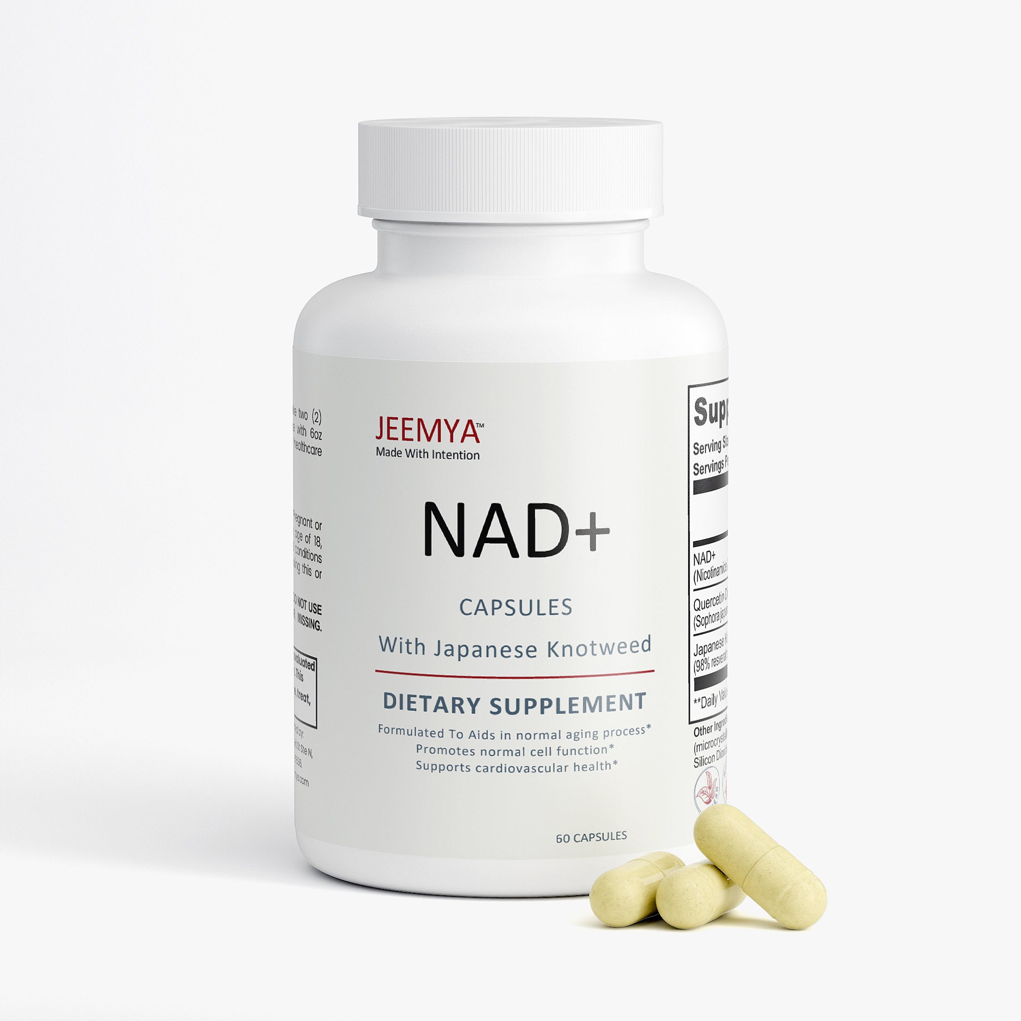 JEEMYA NAD+ capsules bottle displayed with supplement capsules beside it, highlighting a daily NAD+ formula for cellular health and wellness support.