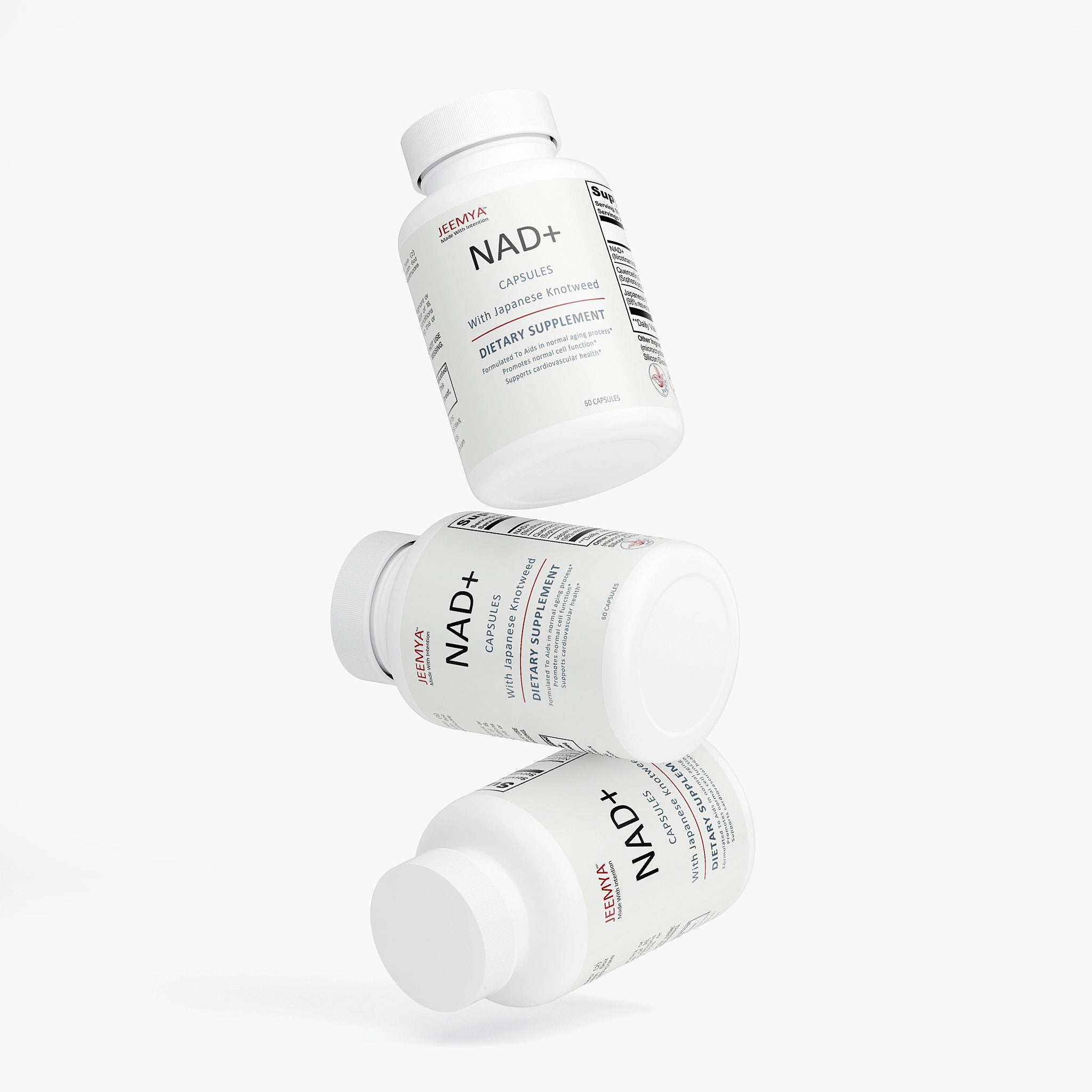 Multiple JEEMYA NAD+ supplement bottles stacked together showcasing dietary supplement capsules formulated for anti-aging, cellular support, and vitality.