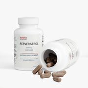 Jeemya Resveratrol 600 mg capsules bottle with the open container and several capsules spilled beside it on a minimalist white background.