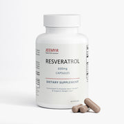 Front-facing bottle of Jeemya Resveratrol 600 mg capsules with several capsules placed beside the container on a clean white background.