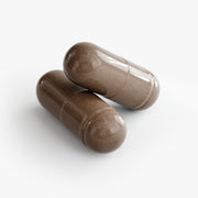 Close-up of two Jeemya Resveratrol capsules on a white background, highlighting the capsule design and color.
