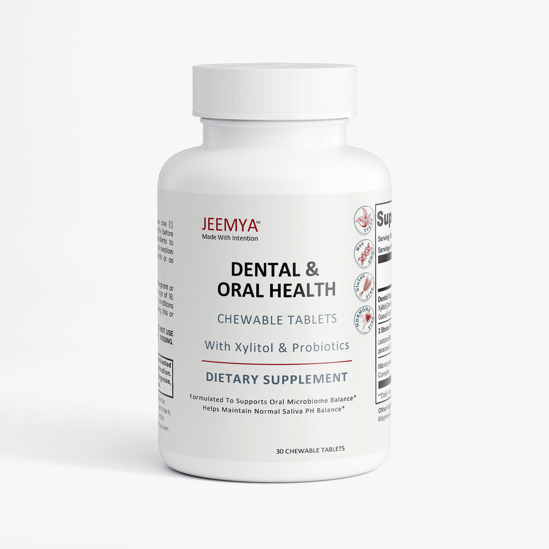 Jeemya Dental & Oral Health chewable tablets bottle with Xylitol and probiotics, white dietary supplement container designed to support oral microbiome balance, fresh breath, healthy gums, and saliva pH balance.