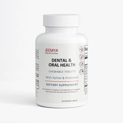 Jeemya Dental & Oral Health chewable tablets bottle with Xylitol and probiotics, white dietary supplement container designed to support oral microbiome balance, fresh breath, healthy gums, and saliva pH balance.