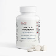 Front-facing bottle of Jeemya Dental & Oral Health chewable tablets displayed with several tablets beside the bottle, showcasing the dietary supplement packaging and serving appearance.