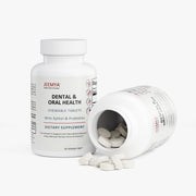 Jeemya Dental & Oral Health supplement bottle standing beside an open bottle with white chewable tablets spilling onto the surface, illustrating the product contents and packaging design.