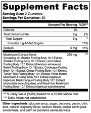 Supplement Facts panel for Jeemya Mushroom Extract Complex gummies showing serving size, calories, carbohydrates, added sugars, mushroom extract complex blend, and other dietary supplement ingredients and nutritional information.