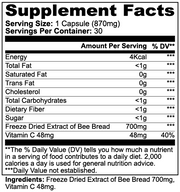 Supplement Facts label for Jeemya Bee Pearl capsules showing serving size, bee bread extract content, vitamin C, calories, and nutritional information per serving.