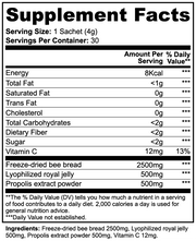 Supplement Facts label for Jeemya Bee Bread Plus showing serving size, bee bread, royal jelly, propolis extract, vitamin C, calories, and nutritional information per serving.