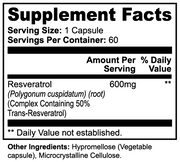Supplement Facts label for Jeemya Resveratrol 600 mg capsules showing serving size, trans-resveratrol content, ingredients, and nutritional information per serving.