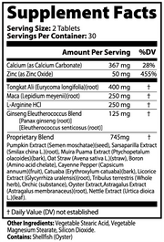 Supplement Facts panel for JEEMYA For Men tablets showing vitamins, minerals, and herbal ingredients formulated to support men’s health, testosterone balance, and energy.