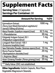 Supplement Facts panel for Jeemya The Wow Effect capsules showing serving size, Horny Goat Weed extract, Maca powder, Piperine, L-Arginine, Muira Puama, Longjack root extract, and other dietary supplement ingredients and nutritional information.