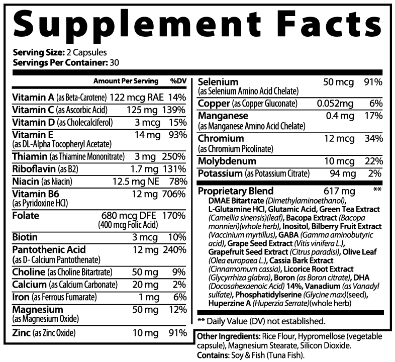 Supplement Facts panel for JEEMYA Activate Formula showing vitamins, minerals, and brain-support ingredients formulated for focus, memory, and cognitive health support.
