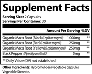 Supplement Facts panel for Jeemya Maca Plus capsules showing serving size, organic maca root powder, organic maca root extract, black pepper extract, and other dietary supplement ingredients and nutritional information.