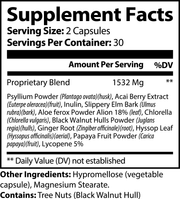 Supplement Facts panel for Jeemya Max Detox capsules showing serving size, proprietary herbal blend with psyllium powder, acai berry extract, dandelion leaf, milk thistle, fennel, ginger, green coffee bean extract, cayenne pepper, and other dietary supplement ingredients and nutritional information.
