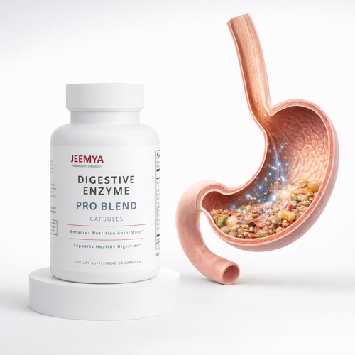 Jeemya Digestive Enzyme Pro Blend capsules bottle displayed beside a 3D anatomical stomach illustration containing partially digested food, visually representing digestive enzyme support for healthy digestion, nutrient absorption, and gastrointestinal wellness.