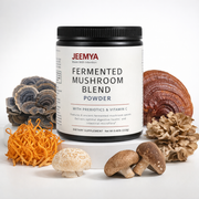 Jeemya Fermented Mushroom Blend Powder container displayed with medicinal mushrooms including reishi, lion's mane, shiitake, maitake, turkey tail, and cordyceps, representing a probiotic mushroom blend formulated to support digestive health and the intestinal microbiome.
