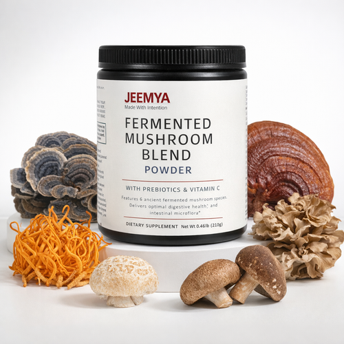Jeemya Fermented Mushroom Blend Powder container displayed with medicinal mushrooms including reishi, lion's mane, shiitake, maitake, turkey tail, and cordyceps, representing a probiotic mushroom blend formulated to support digestive health and the intestinal microbiome.