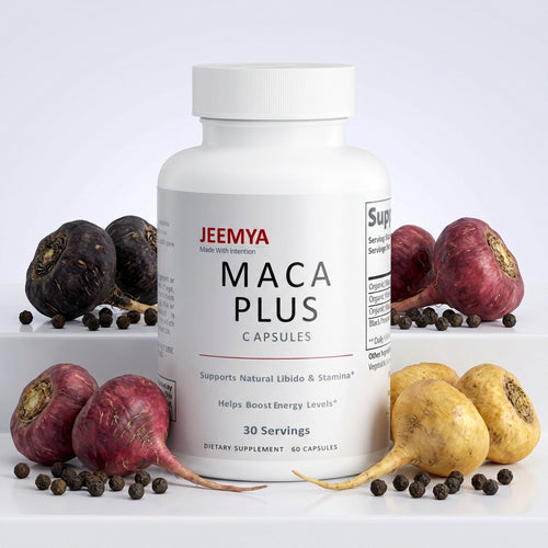 Jeemya Maca Plus capsules dietary supplement bottle displayed with fresh black, red, and yellow maca roots and scattered black peppercorns, highlighting a natural formula designed to support energy, vitality, and overall wellness.