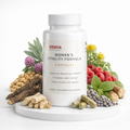 JEEMYA Perimenopause & Menopause Supplements for Women’s Vitality Formula capsules displayed with herbs, berries, roots, and botanical ingredients formulated to support menstrual health, hormone balance, well-being, and endocrine health.