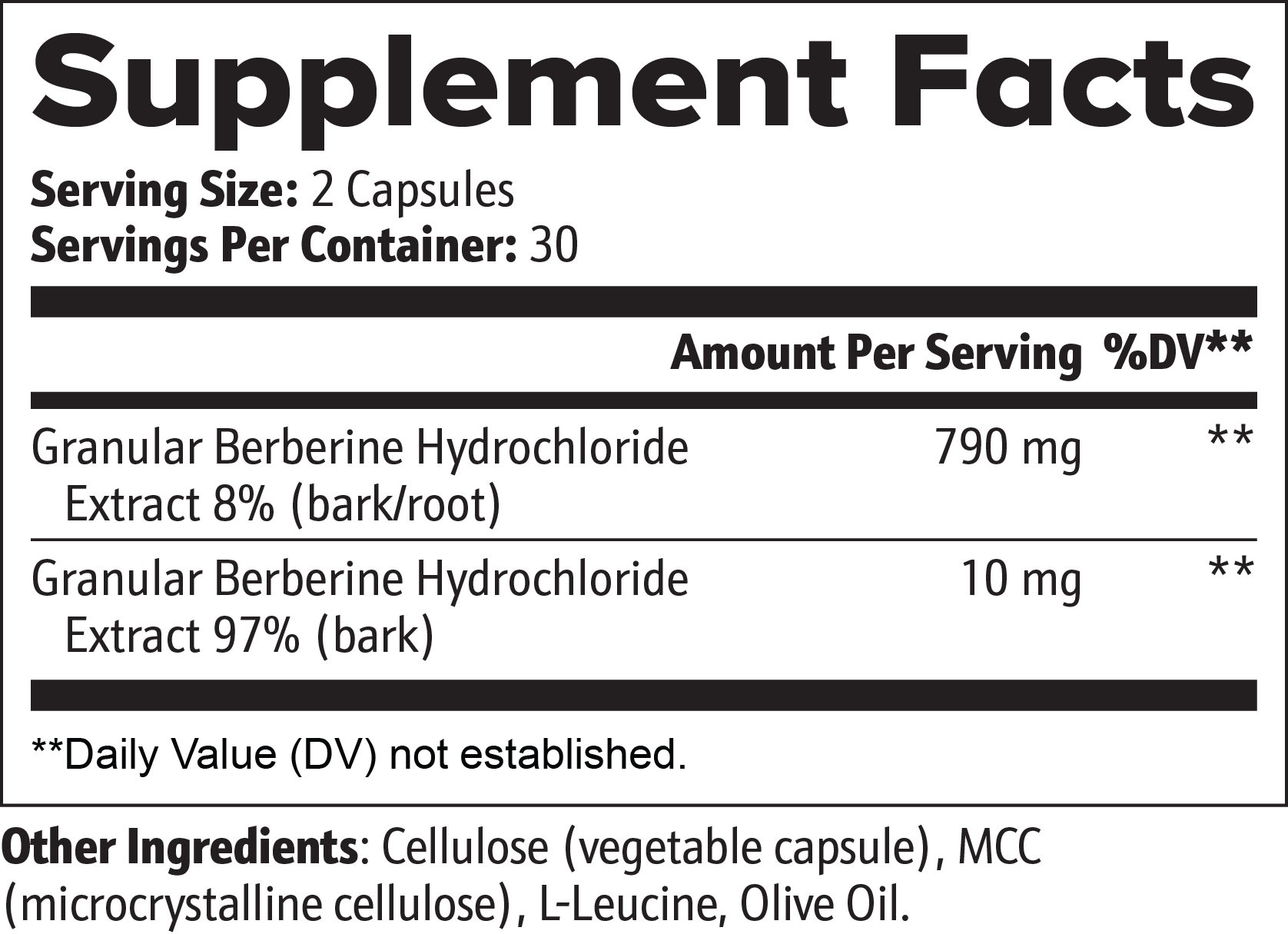 Supplement Facts label for JEEMYA Berberine capsules showing berberine hydrochloride and black pepper extract ingredients with serving size information.