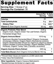 Supplement Facts label for Jeemya Fermented Mushroom Blend Powder showing serving size, probiotic content, vitamin C, organic fermented mushroom blend, and nutritional information per serving.